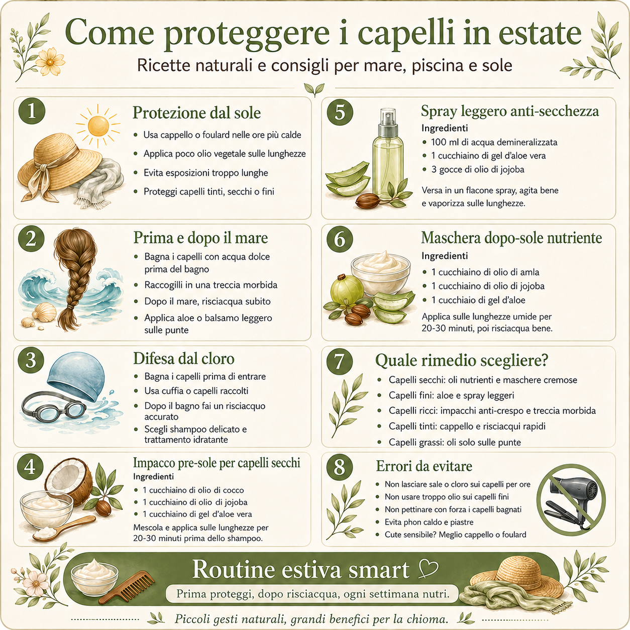 Infografica elegante con ricette naturali e consigli pratici per proteggere i capelli in estate da sole, mare, salsedine e cloro, con impacchi, spray all’aloe e maschera doposol