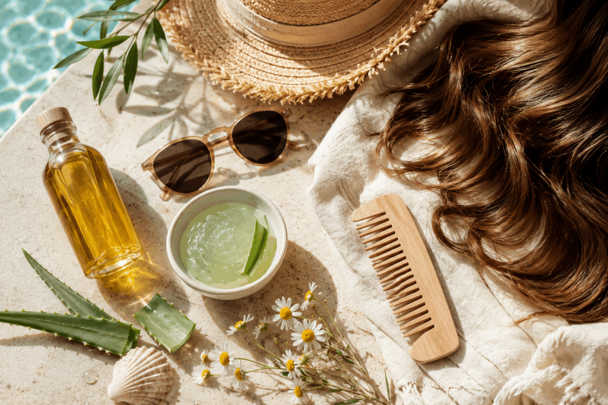 Flat lay estivo con capelli mossi e luminosi, aloe vera, olio vegetale, pettine in legno, camomilla e accessori naturali per proteggere i capelli da sole, mare e vento