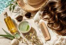Flat lay estivo con capelli mossi e luminosi, aloe vera, olio vegetale, pettine in legno, camomilla e accessori naturali per proteggere i capelli da sole, mare e vento