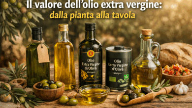 ottiglie di olio extravergine d’oliva di varie qualità su tavola rustica, evidenziando colore e packaging