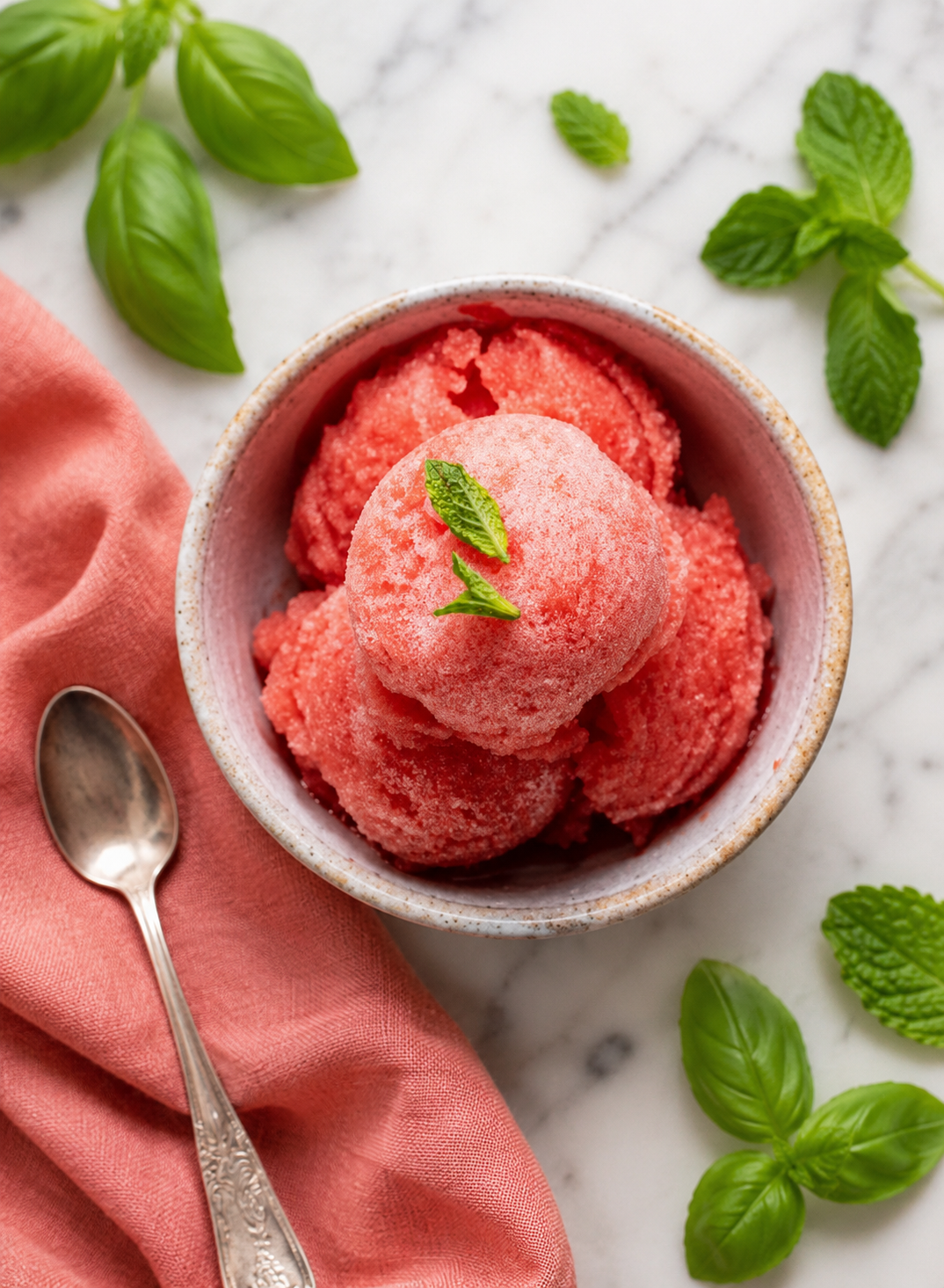 Ciotola di sorbetto rosso su piano in marmo con foglie di basilico e menta, tovagliolo di lino rosso sbiadito e cucchiaio d’argento