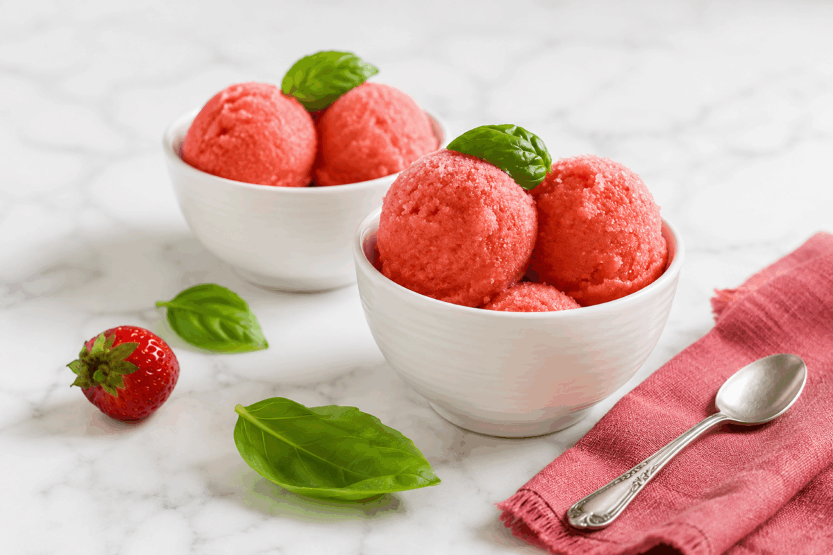Due ciotole bianche con sorbetto anguria, menta e lime, decorate con foglie di basilico, accanto a un tovagliolo di lino rosso con cucchiaino.