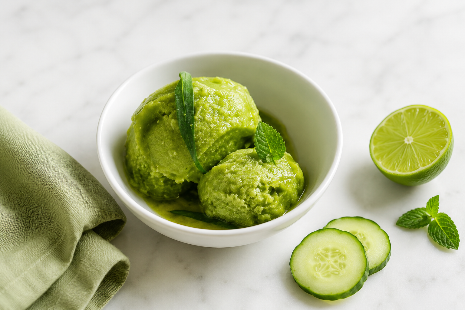 Ciotola bianca con sorbetto verde al cetriolo, fettine di cetriolo, mezzo lime e foglie di menta fresca