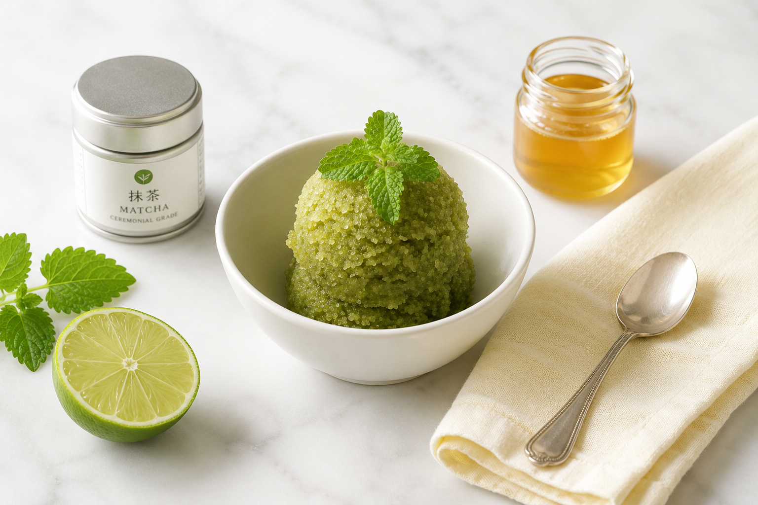 Ciotola di sorbetto verde al matcha, con mezzo lime, foglie di melissa, barattolo di miele, latta di tè matcha e tovagliolo giallo