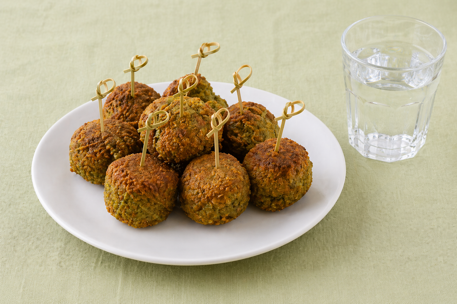 Polpette di radice di bardana lessa su piatto bianco con stecchini di bambù, su tovaglia di lino verde e bicchiere d’acqua accanto