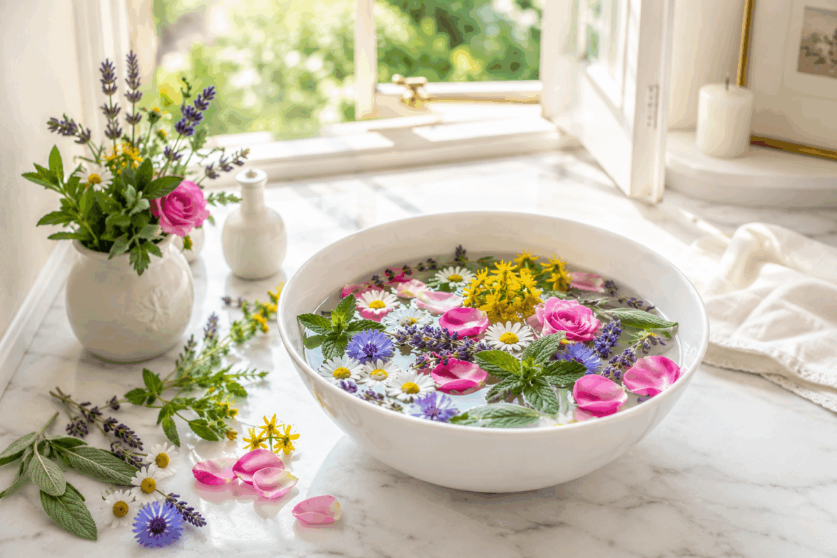 Ciotola di porcellana bianca con acqua, iperico, camomilla, petali di rosa, salvia, menta, lavanda, ruta e fiordaliso su piano in marmo bianco davanti a una finestra aperta e soleggiata, per il rito dell’Acqua di San Giovanni della notte tra 23 e 24 giugno