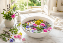 Ciotola di porcellana bianca con acqua, iperico, camomilla, petali di rosa, salvia, menta, lavanda, ruta e fiordaliso su piano in marmo bianco davanti a una finestra aperta e soleggiata, per il rito dell’Acqua di San Giovanni della notte tra 23 e 24 giugno