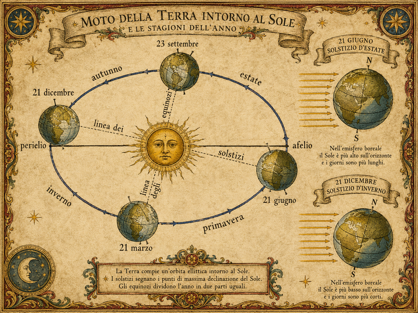 Schema illustrato in stile antico del moto della Terra intorno al Sole con le quattro stagioni, gli equinozi e i solstizi
