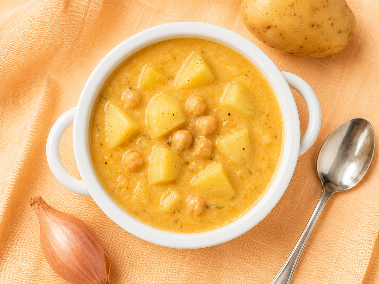 Vellutata cremosa di ceci e patate con scalogno servita in una ciotola bianca su tovaglia di lino arancione chiaro, con cucchiaio d’argento, una patata e uno scalogno a fianco