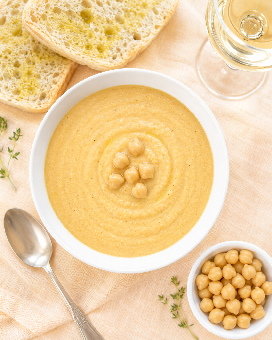 Vellutata di ceci classica servita in una ciotola bianca su tovaglia di lino arancione chiaro, con cucchiaio d’argento, crostini, calice di vino bianco e una ciotolina di ceci lessi