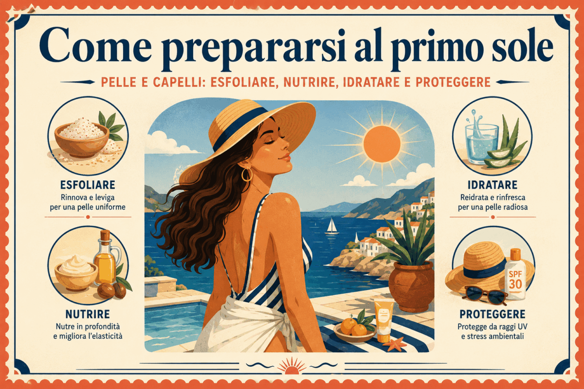 Illustrazione grafica vintage su come preparare pelle e capelli al primo sole, con donna al sole, mare, cappello, aloe, scrub, oli vegetali e protezione solare