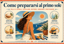 Illustrazione grafica vintage su come preparare pelle e capelli al primo sole, con donna al sole, mare, cappello, aloe, scrub, oli vegetali e protezione solare