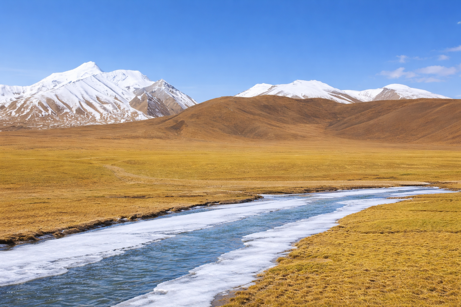 Paesaggio dell’altopiano tibetano con fiume ghiacciato, montagne innevate e cielo limpido in una delle regioni più remote e incontaminate della Terra