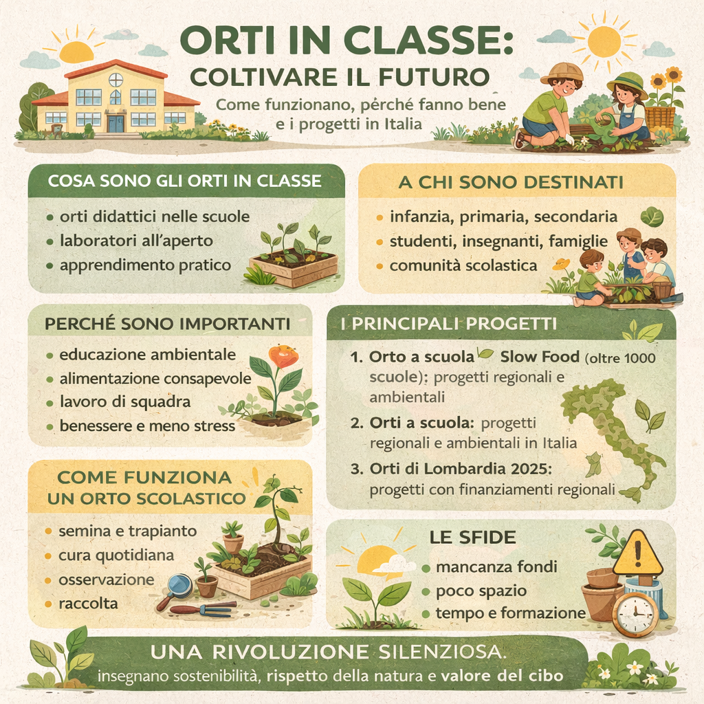 Infografica sugli orti in classe con benefici, funzionamento e principali progetti scolastici in Italia