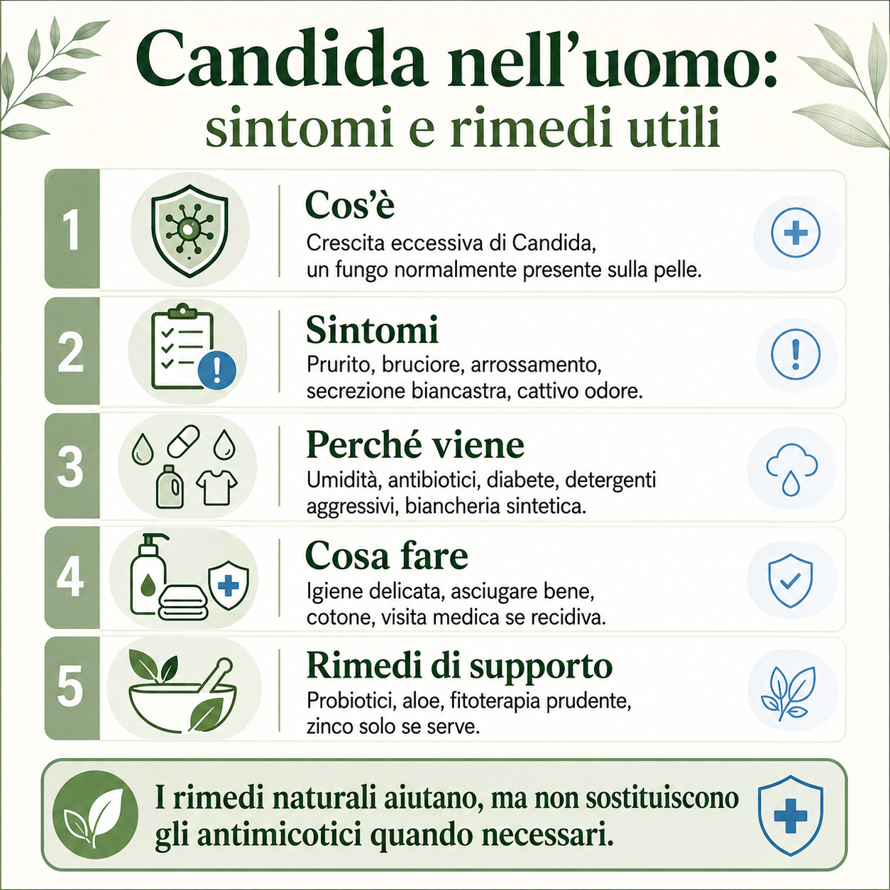 Infografica sulla candida nell’uomo con sintomi principali, cause frequenti, consigli pratici e rimedi naturali di supporto come probiotici, aloe e fitoterapia