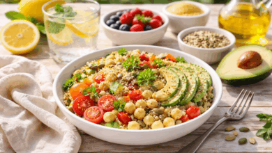 Insalata di quinoa con ceci, pomodorini, avocado e semi su tavolo in legno chiaro, con frutta fresca e acqua al limone in una giornata di sole