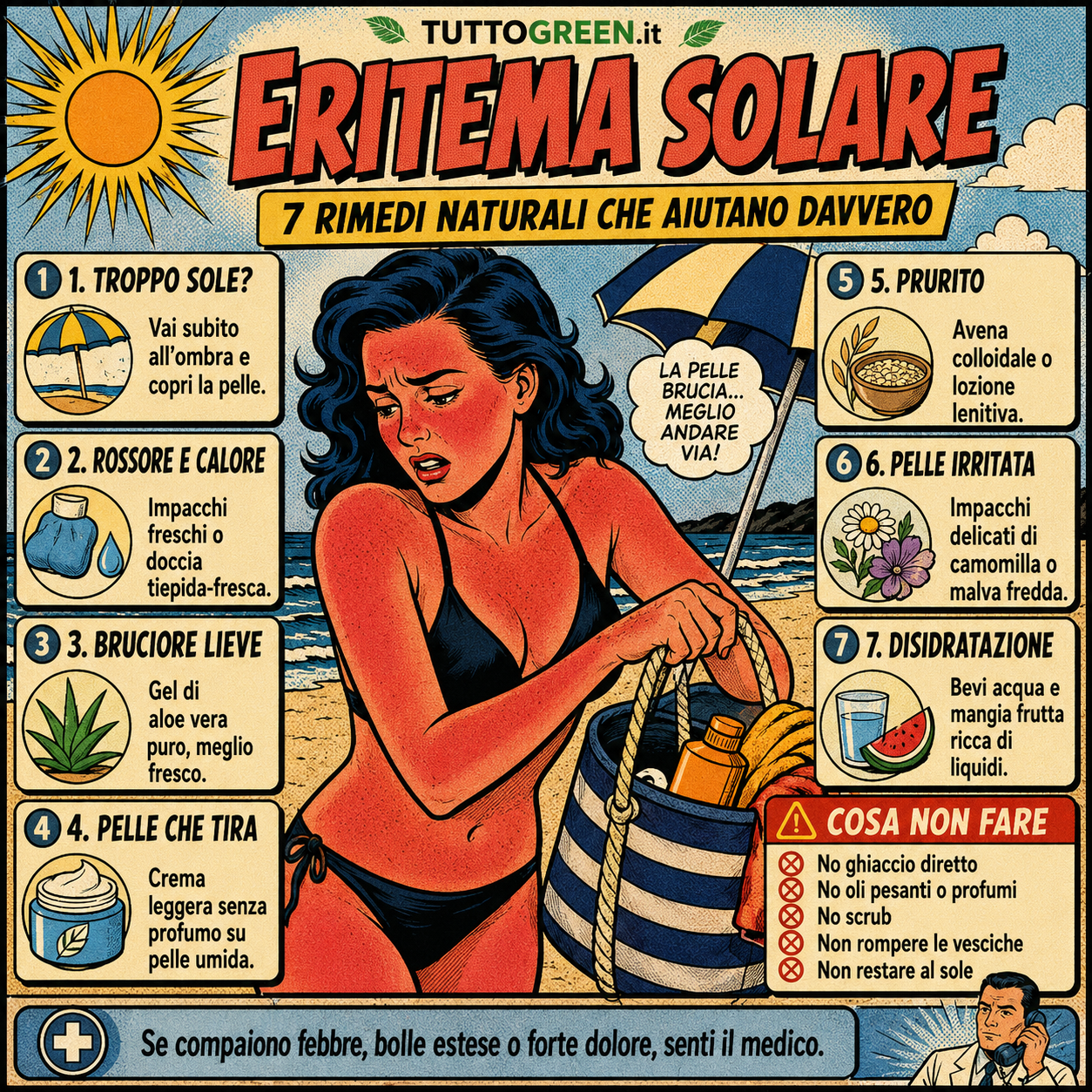 Infografica quadrata in stile pop art sui rimedi naturali per l’eritema solare, con 7 consigli pratici per lenire rossore, bruciore, prurito, pelle che tira e disidratazione, più un box finale su cosa non fare