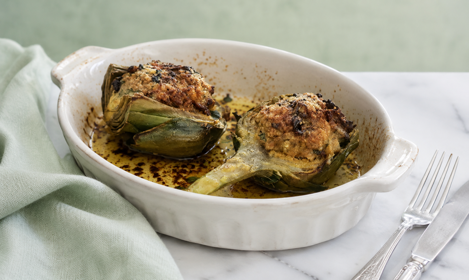 Carciofi ripieni al forno senza lattosio e senza glutine in casseruola bianca con fondo di cottura dorato, serviti su marmo con tovagliolo verde pallido e posate d’argento