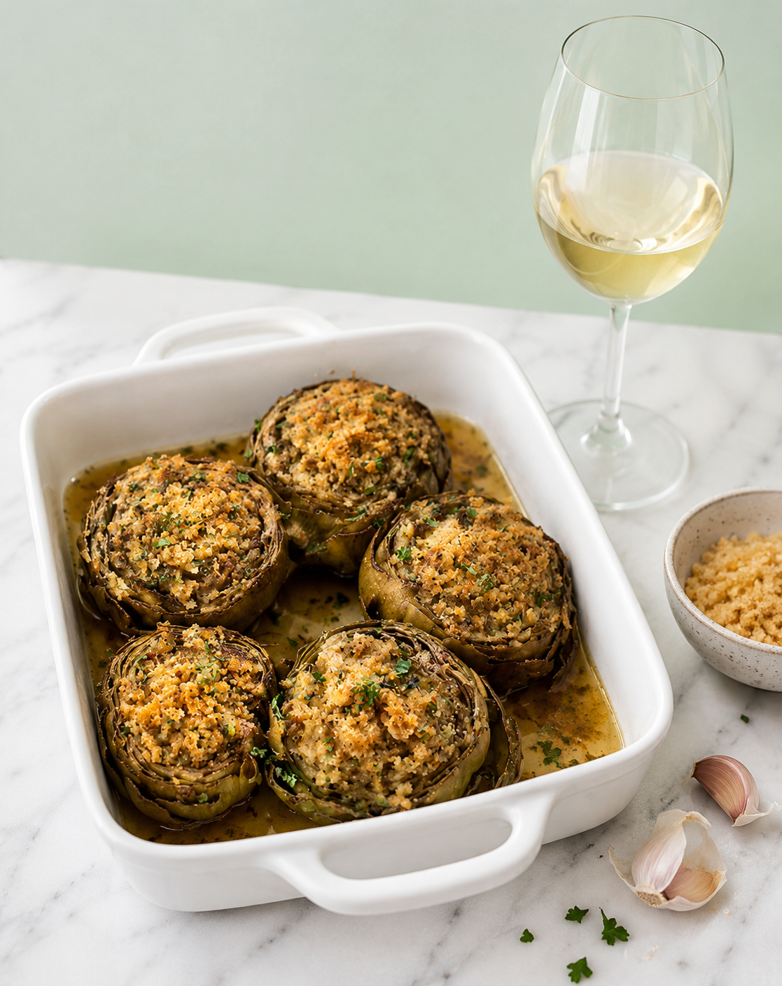 Carciofi ripieni gratinati in una teglia quadrata di ceramica bianca con fondo di cottura, serviti su tavolo di marmo con un bicchiere di vino bianco, una ciotola di pangrattato e spicchi d’aglio.