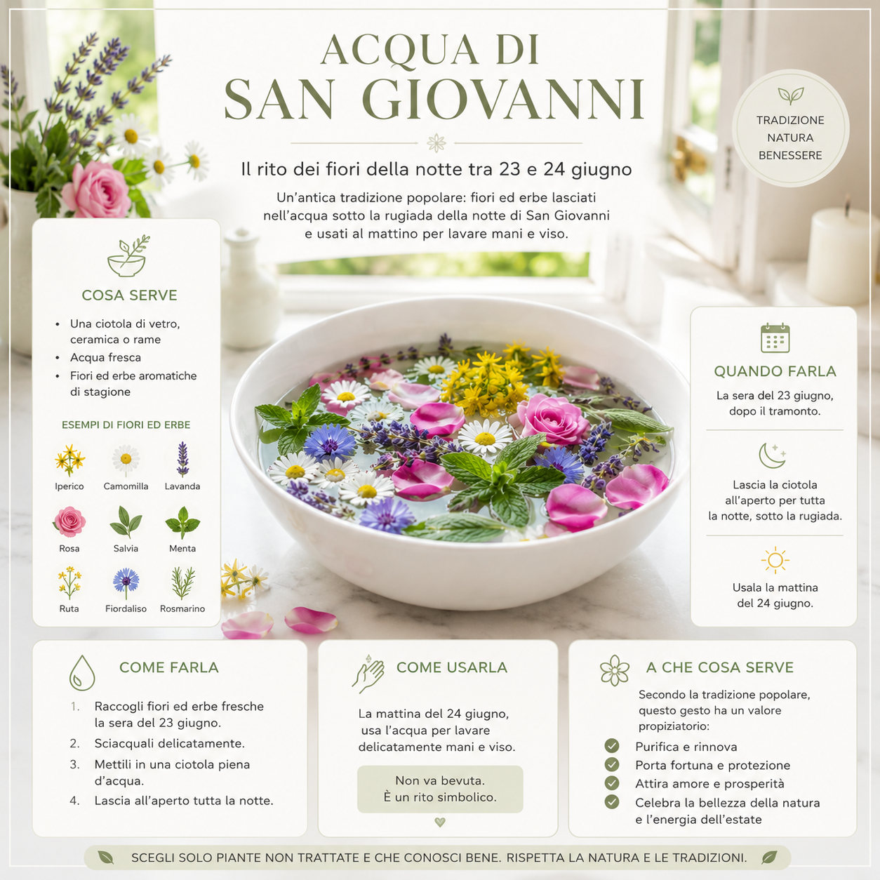 Infografica quadrata sull’Acqua di San Giovanni, con una ciotola di fiori ed erbe aromatiche lasciati nell’acqua la notte tra 23 e 24 giugno e box sintetici che spiegano cosa serve, quando prepararla, come usarla e il suo significato propiziatorio