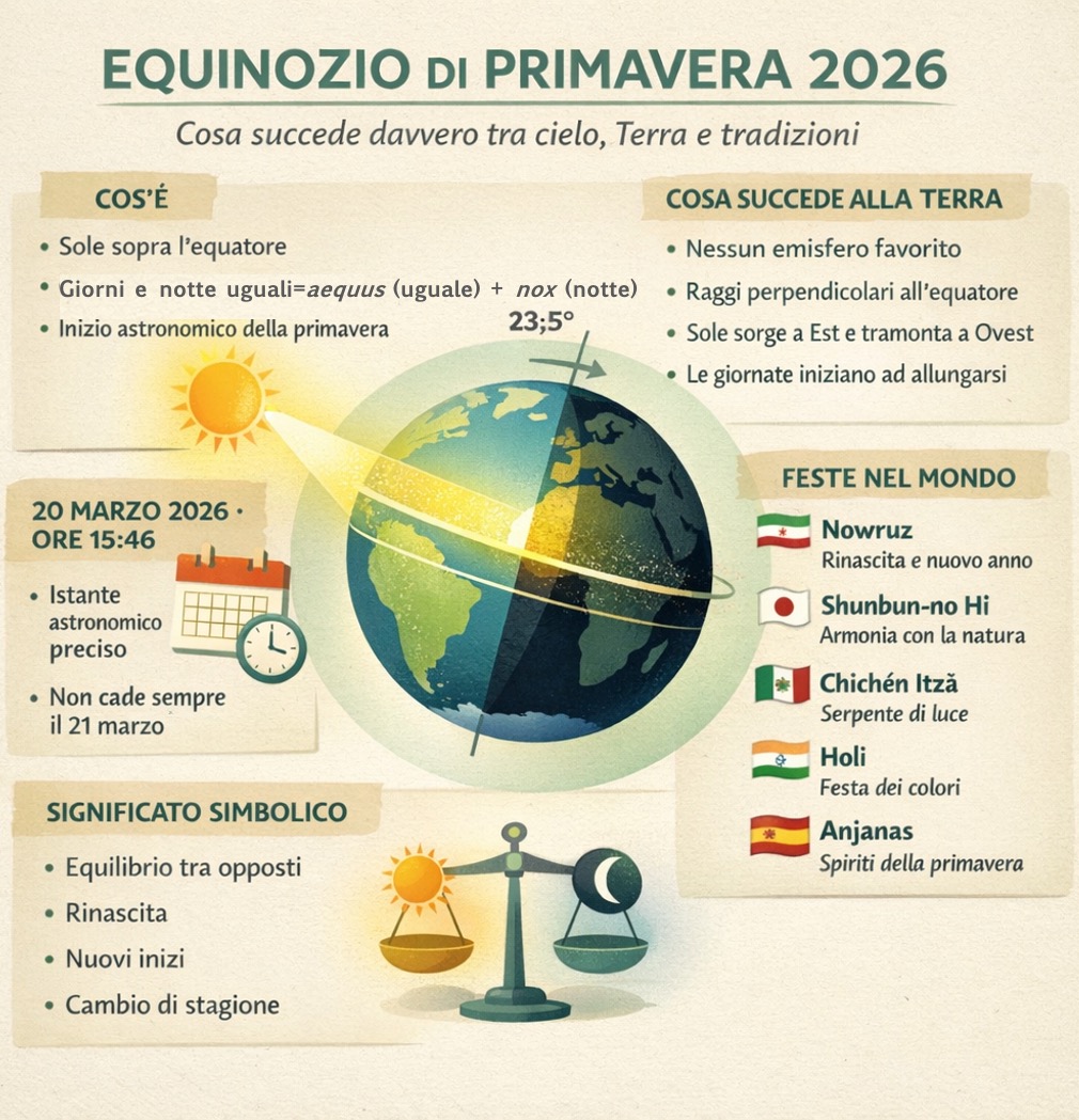 Infografica equinozio di primavera 2026 con spiegazione di cosa succede alla Terra, data dell’evento e tradizioni nel mondo
