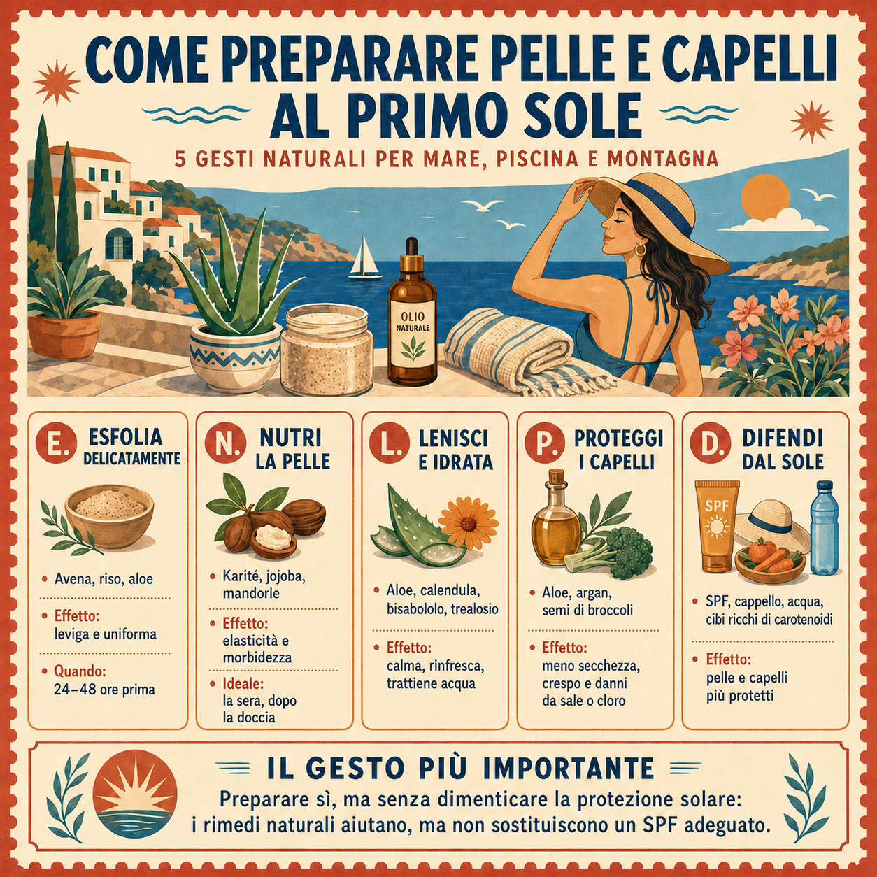 Infografica in stile vintage e mediterraneo su come preparare pelle e capelli al primo sole, con 5 gesti naturali: esfoliare delicatamente, nutrire la pelle, lenire e idratare, proteggere i capelli e difendere dal sole