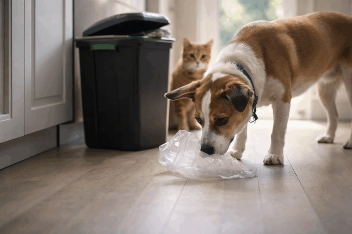 cane con sacchetto di plastica vicino a tavolo domestico rischio soffocamento