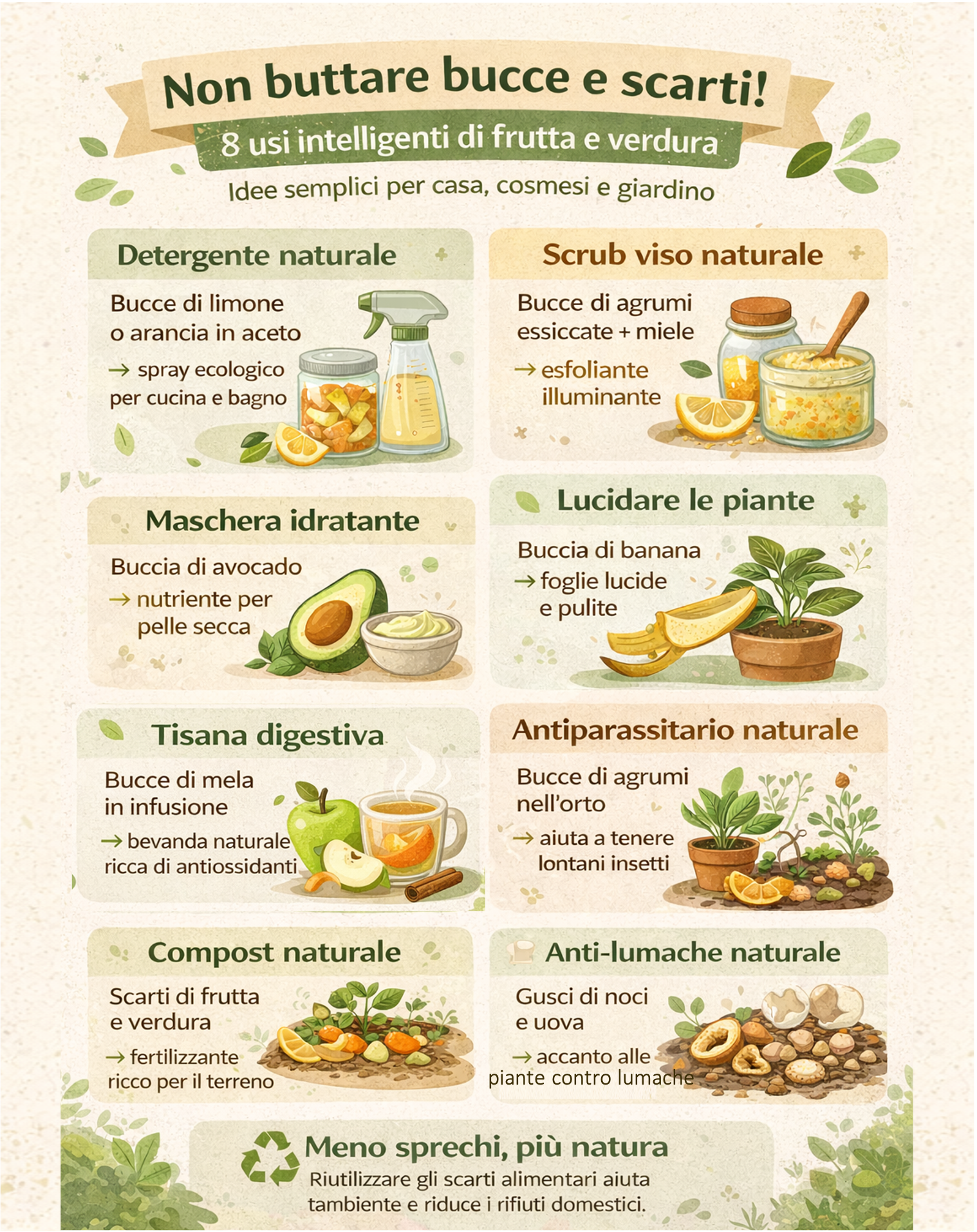 Infografica con 8 modi per riutilizzare gli scarti di frutta e verdura: detergenti naturali, scrub cosmetico, compost, tisana digestiva e antiparassitari per il giardino