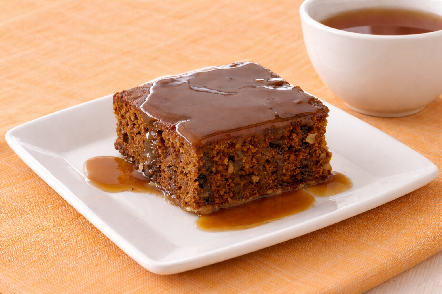 fetta di torta allo zenzero vegana con salsa all’arancia su piatto bianco