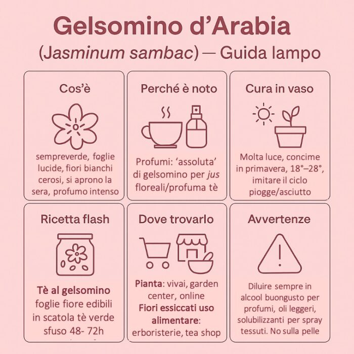 Jasminum sambac: usi pratici e una ricetta semplice per casa, profumo e avvertenze