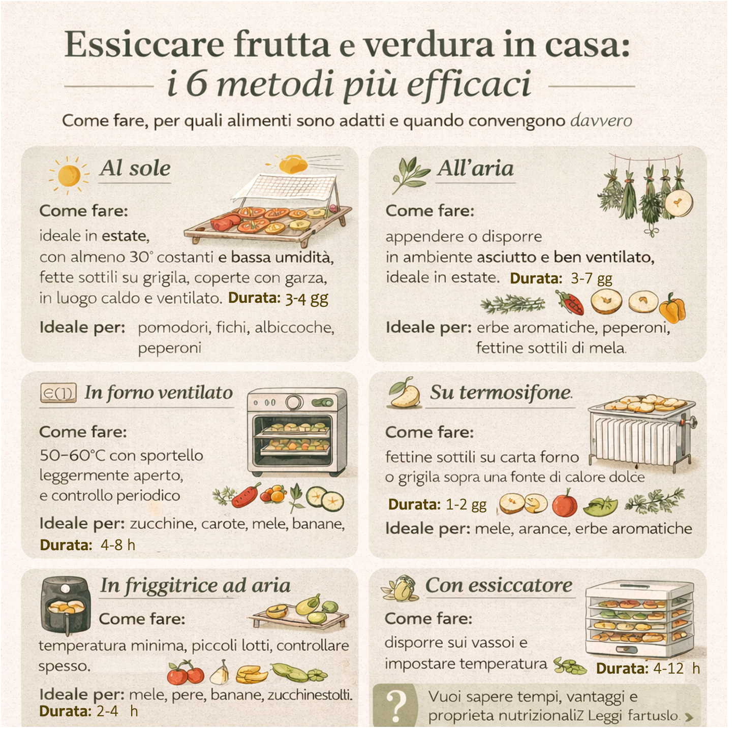 Infografica che mostra i 6 metodi per essiccare frutta e verdura in casa: al sole, all’aria, in forno ventilato, su termosifone, in friggitrice ad aria e con essiccatore, con tempi e alimenti consigliati