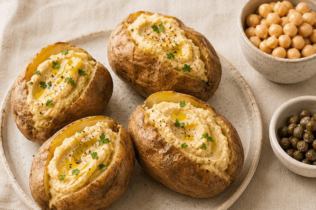 Patate jacket ripiene di crema di ceci e capperi, su piatto chiaro con tovaglia di lino beige e ciotoline di ceci e capperi a lato