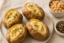 Patate jacket ripiene di crema di ceci e capperi, su piatto chiaro con tovaglia di lino beige e ciotoline di ceci e capperi a lato