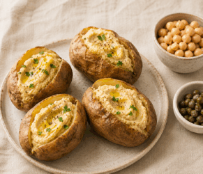 Jacket potatoes ripiene di crema di ceci e capperi: una ricetta leggera, vegana e senza glutine