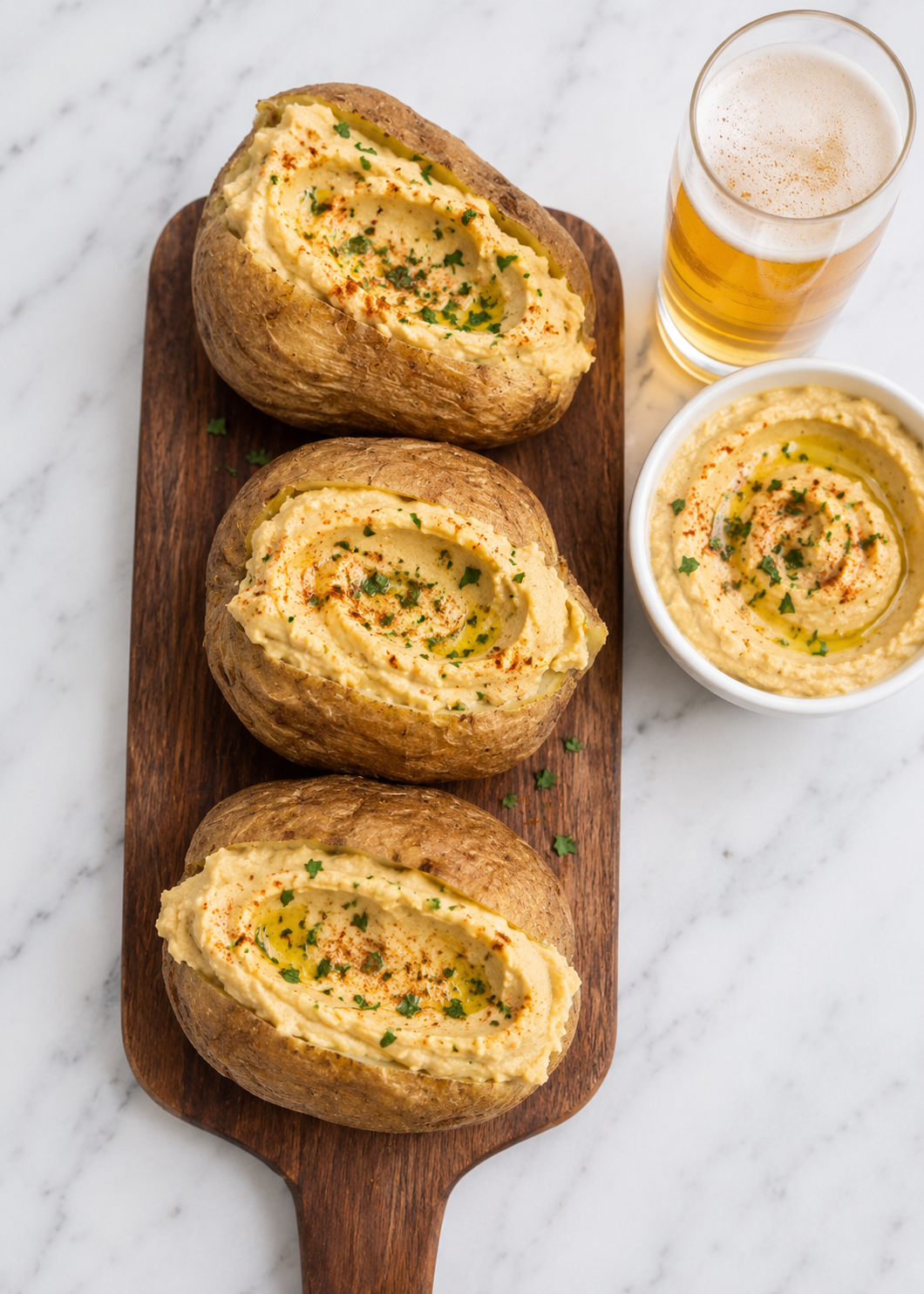 Jacket potatoes ripiene di crema di ceci e capperi servite su tagliere in legno, con ciotola di crema e bicchiere di birra chiara su piano in marmo bianco