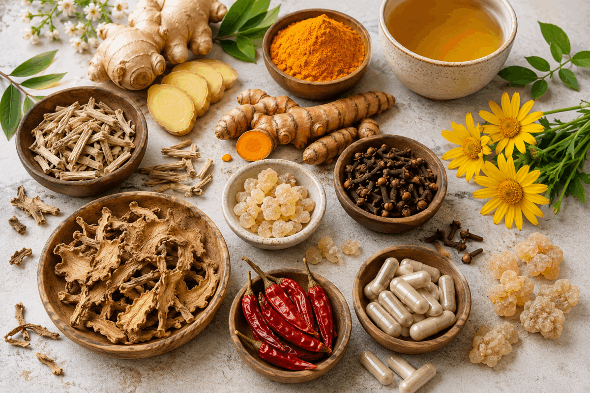 Piante, spezie e rimedi naturali con proprietà analgesiche disposti su un piano chiaro, tra cui zenzero, curcuma, salice bianco, arnica, chiodi di garofano e boswellia