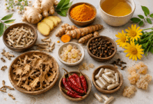 Piante, spezie e rimedi naturali con proprietà analgesiche disposti su un piano chiaro, tra cui zenzero, curcuma, salice bianco, arnica, chiodi di garofano e boswellia