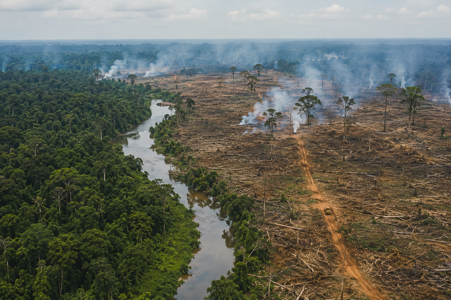 Vista aerea della foresta amazzonica brasiliana con contrasto tra area ancora verde e vasta zona deforestata con fumo e alberi abbattuti.