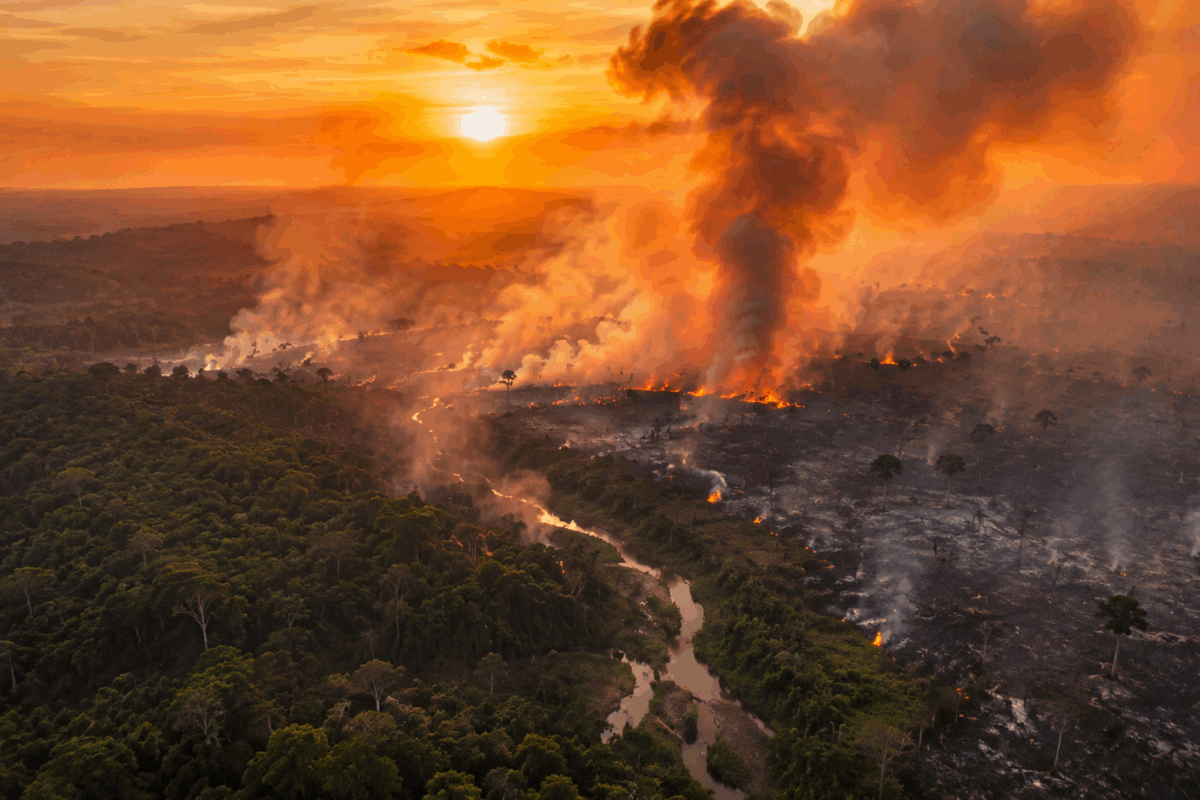 Vista aerea dell’Amazzonia brasiliana colpita da incendi e siccità estrema, con vaste aree bruciate, colonne di fumo e luce arancione del tramonto