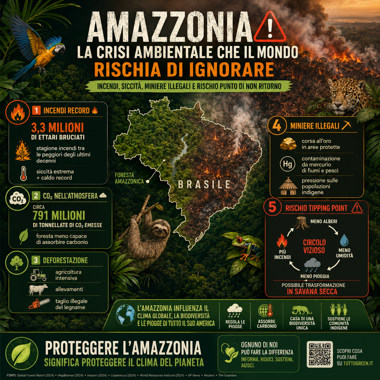 Infografica sulla crisi ambientale dell’Amazzonia con dati su incendi record, CO₂, deforestazione, miniere illegali e rischio tipping point della foresta tropicale brasiliana
