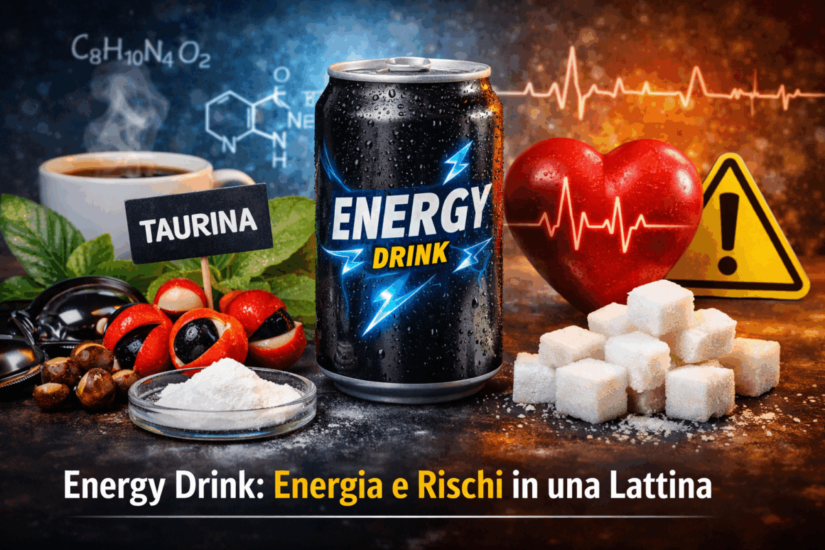 Energy drink con ingredienti come taurina, caffeina e zucchero, accanto a cuore con ECG, illustrazione dei potenziali effetti su pressione e ritmo cardiac