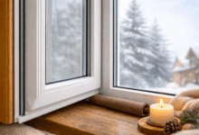 Finestra con infissi bianchi ben chiusi in una casa in inverno, vetro trasparente e ambiente interno caldo a contrasto con l’esterno freddo.