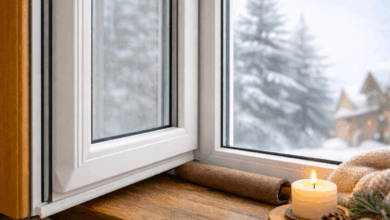 Finestra con infissi bianchi ben chiusi in una casa in inverno, vetro trasparente e ambiente interno caldo a contrasto con l’esterno freddo.