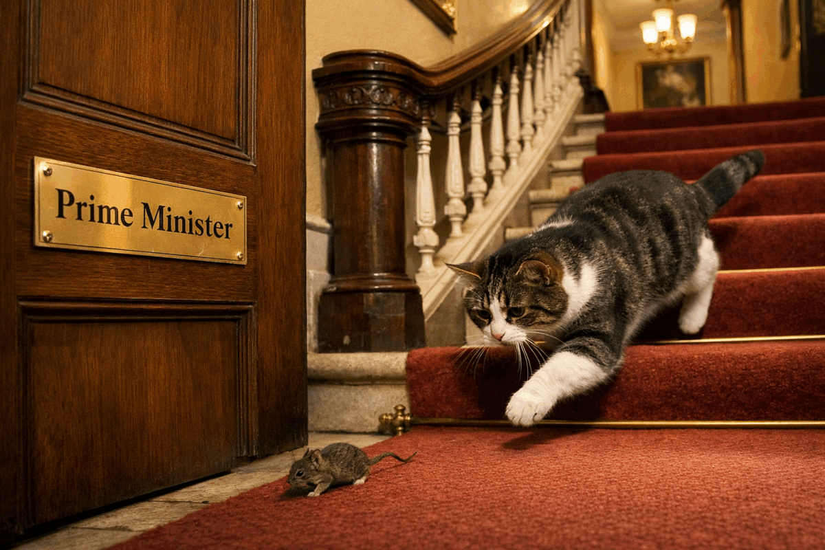 Gatto in stile Chief Mouser che corre dietro a un topo su una scala di una casa vittoriana inglese, con targa in ottone “Prime Minister” sulla porta