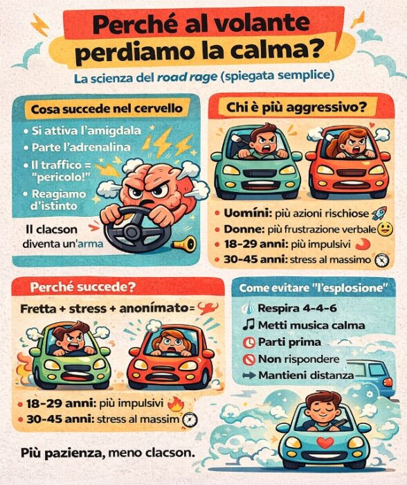 Infografica colorata in stile cartoon che spiega perché siamo aggressivi al volante, differenze tra uomini e donne, età più a rischio e consigli per calmare il road rage.