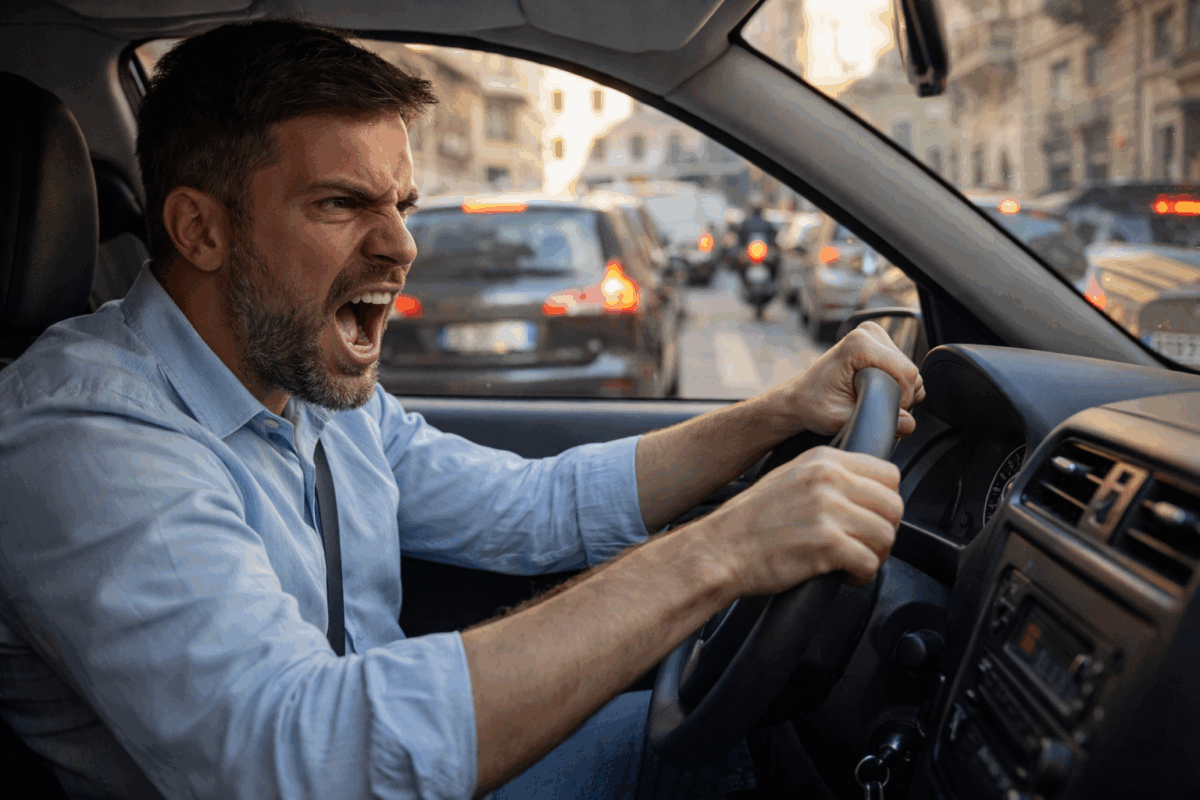Uomo visibilmente arrabbiato alla guida in mezzo al traffico urbano, episodio tipico di aggressività al volante (road rage)