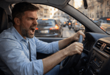 Uomo visibilmente arrabbiato alla guida in mezzo al traffico urbano, episodio tipico di aggressività al volante (road rage)