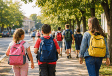 Studenti con zaini colorati che vanno a scuola a piedi lungo una strada alberata, simbolo di salute e sostenibilità