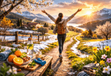 Persona che cammina al mattino tra neve che si scioglie e primi segni di primavera, simbolo di benessere e transizione stagionale