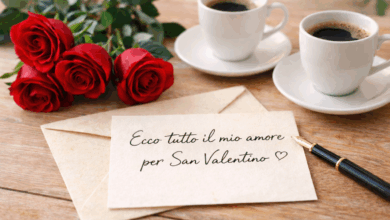 Ecco tutto il mio amore per San Valentino” e cuore disegnato, accanto a rose rosse e due tazze di caffè su tavolo in legno